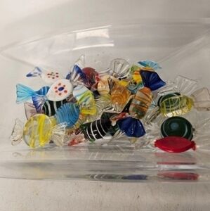 Signed Crystal Nambe Planar candy dish with 35‎ Murano candies